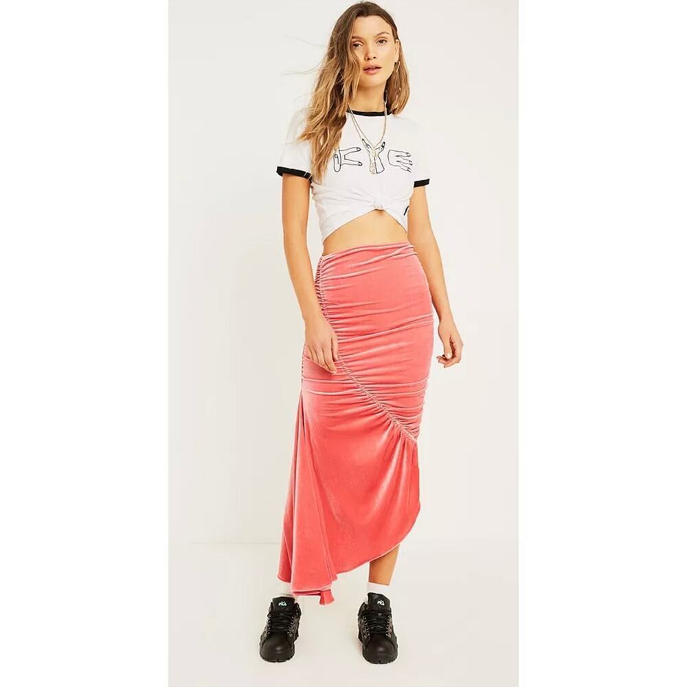 KYE Urban Outfitters Pink Velvet Ruched Asymmetrical Midi Skirt Sz 0